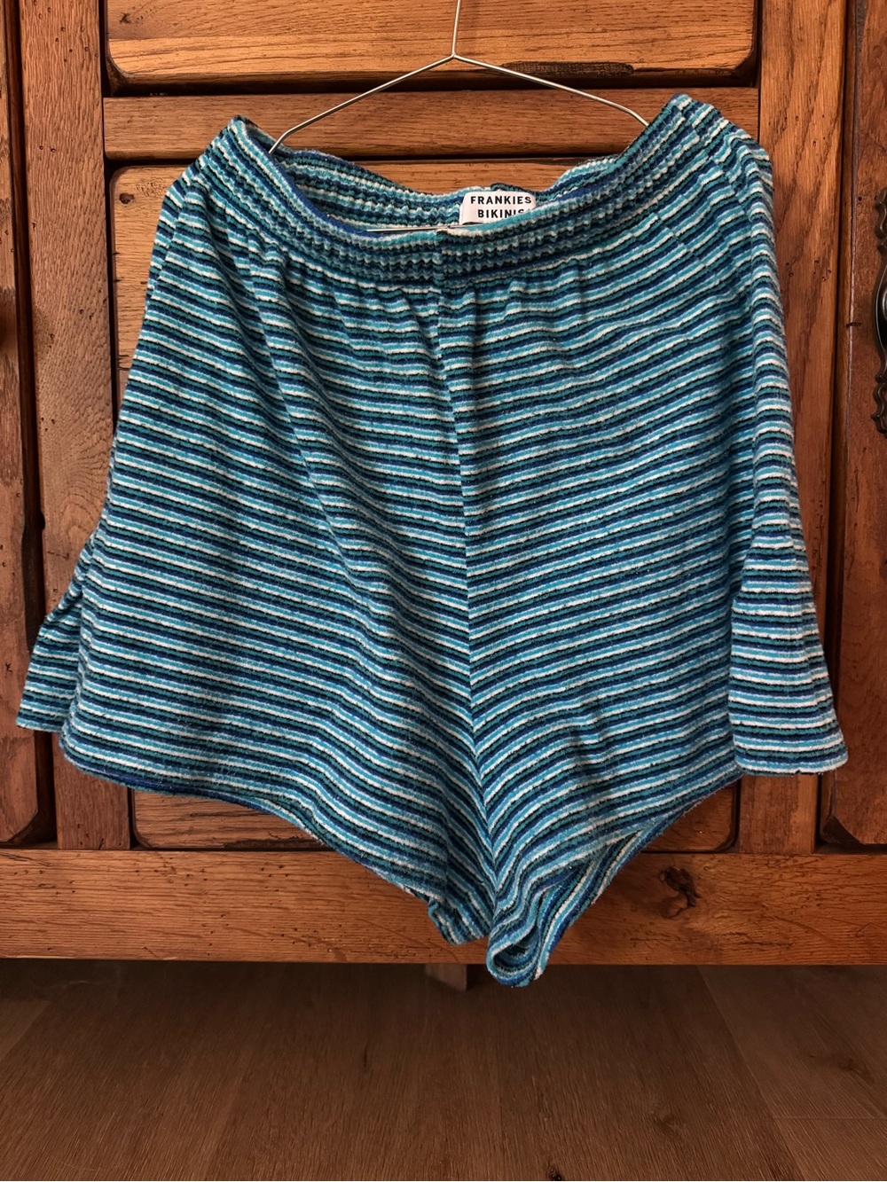 Frankie's Bikinis Teal and Light Blue Striped High-Waist Shorts